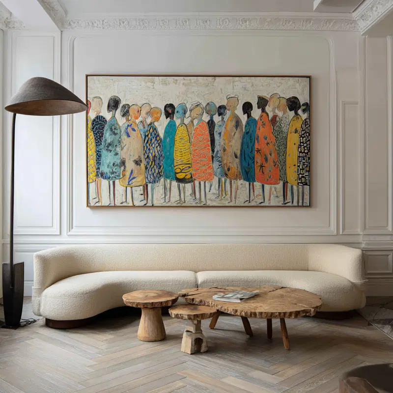Modern interior with abstract figurative painting above curved sofa