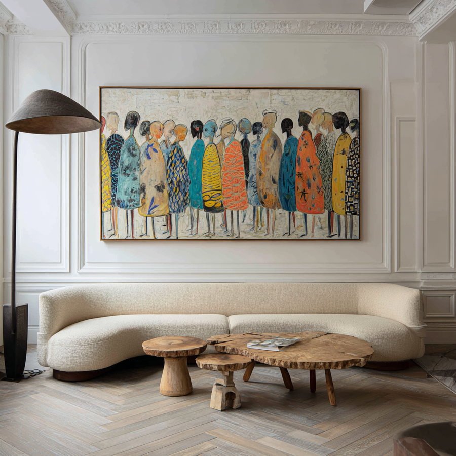 Living room featuring a large abstract artwork of stylized human figures in colorful patterns above a cream curved sofa with wooden accent tables and a floor lamp