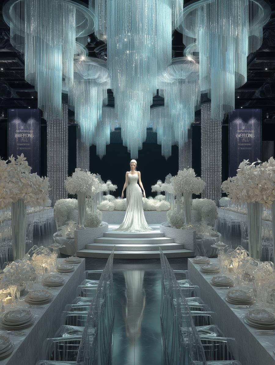 A woman in a flowing white gown stands on a rounded stair stage surrounded by white floral arrangements, transparent chairs, and dramatic cascading blue chandeliers in an elegant event setting.