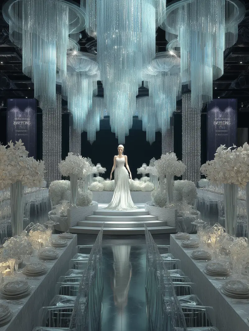 Ethereal scene of a woman in white gown on an elaborately decorated stage