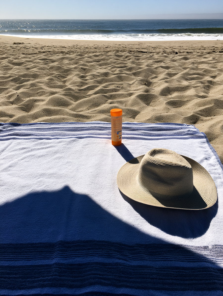 A close-up of a striped towel laid on sandy beach with a beige straw hat and an orange sunscreen bottle. The calm ocean and horizon appear in the background under a clear sky.