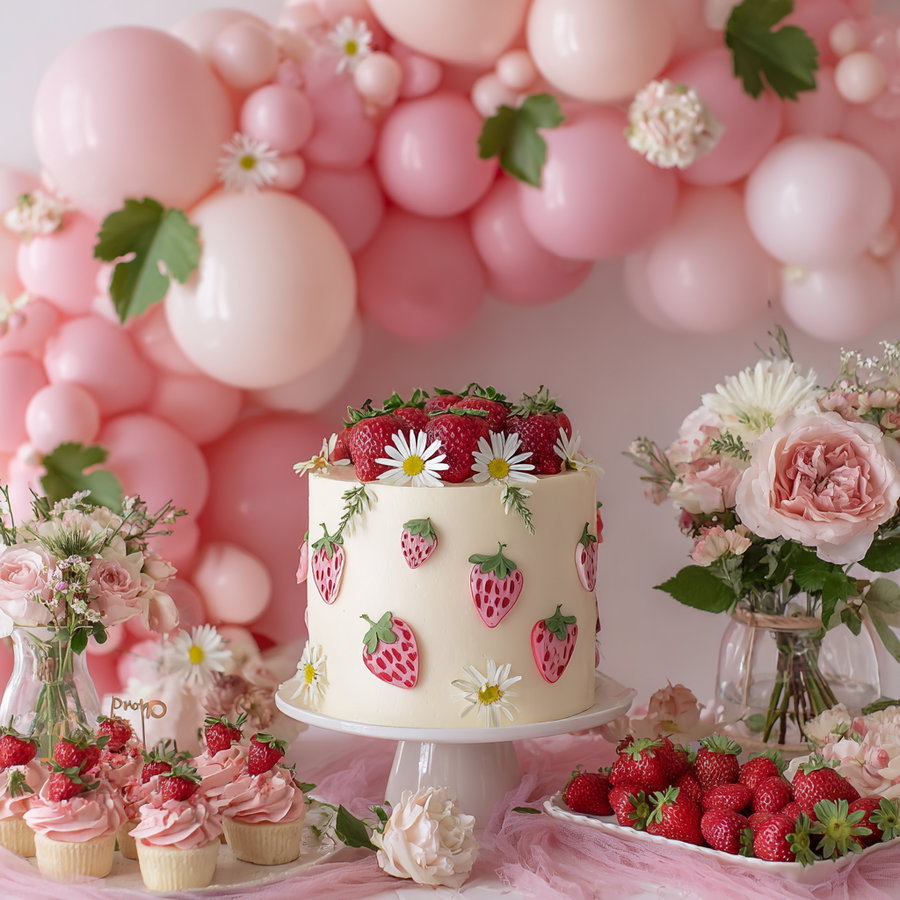 A decorated cake with strawberry and daisy motifs, surrounded by pink and white flowers, cupcakes with pink frosting topped with strawberries, fresh strawberries on a plate, and a pink balloon garland background.