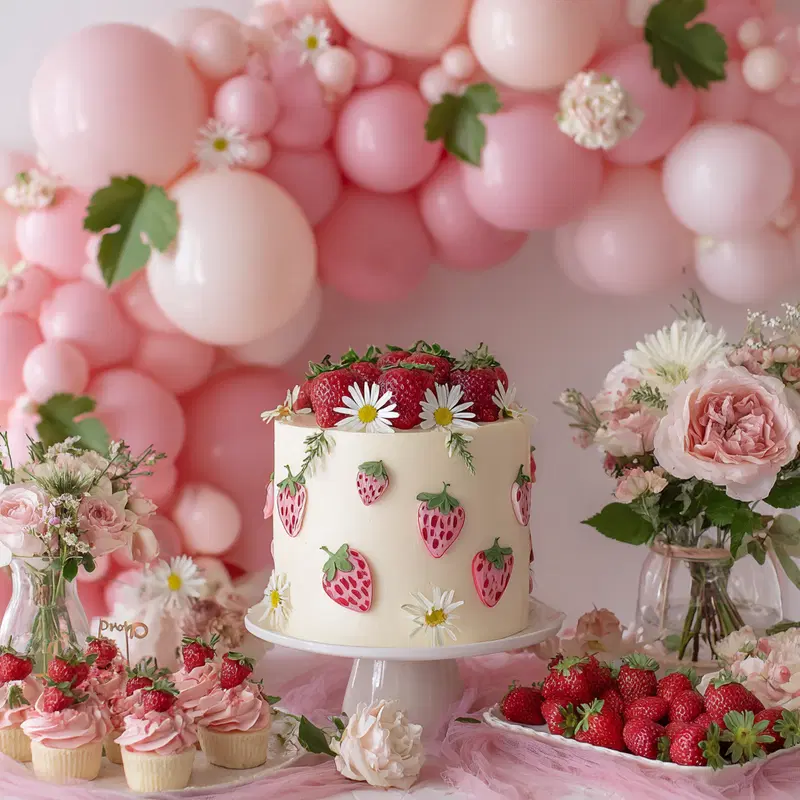 Delicate pink and white floral decor with strawberries and cake