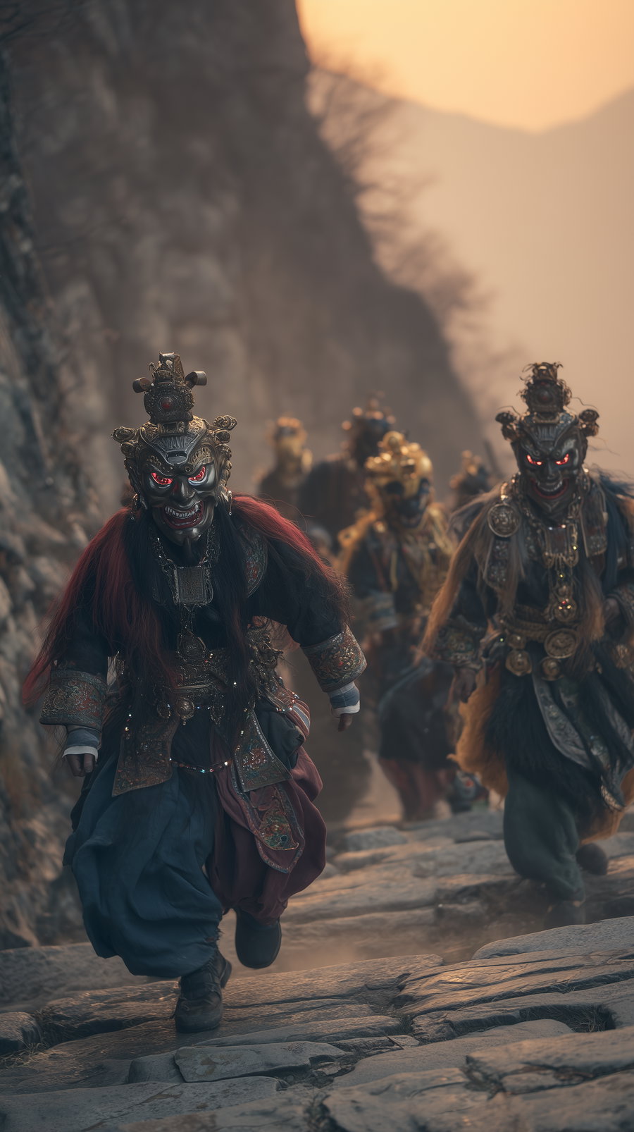 A group of people wearing elaborate traditional masks and costumes climbing an old stone staircase on a mountain path at dusk