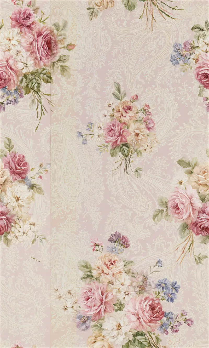 Elegant vintage botanical wallpaper with pink roses and intricate paisley patterns
