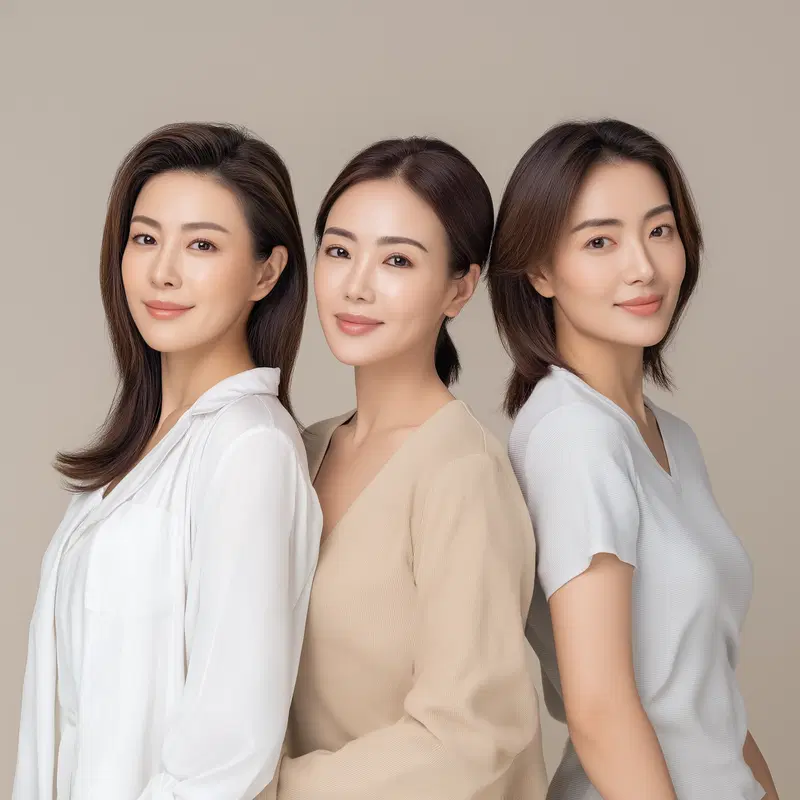Portrait of three elegant women in neutral attire against beige background