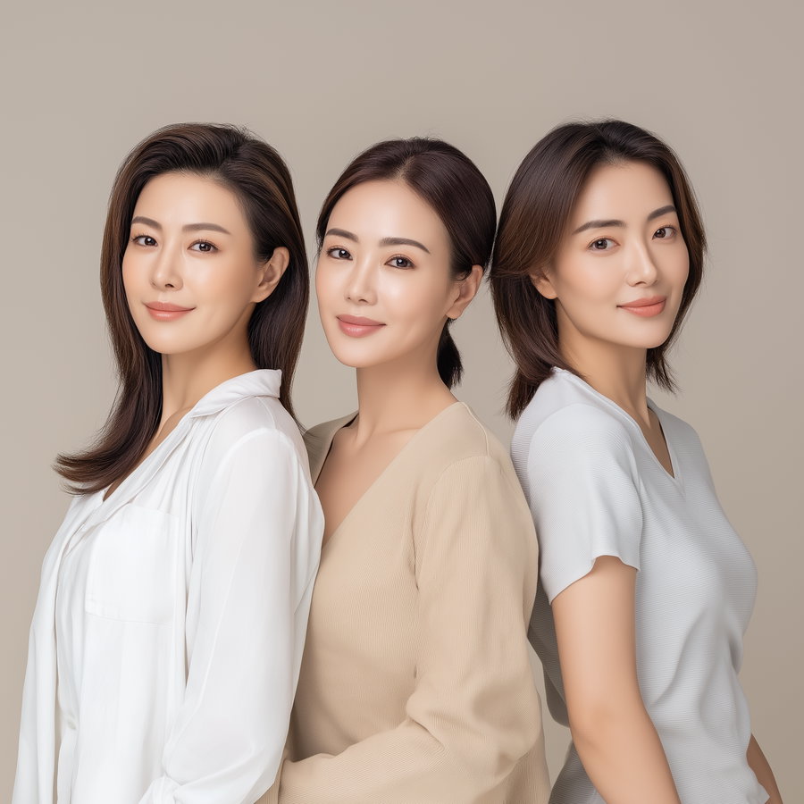 Three women standing side by side, facing forward with soft smiles, wearing neutral colored tops and light makeup, set against a plain beige background