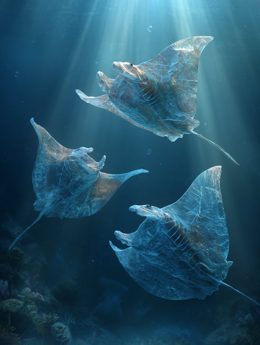 Three transparent manta rays swimming underwater with sunlight penetrating the water and coral reef at the bottom