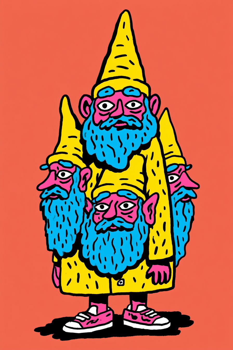 A cartoonish figure of a gnome with a yellow pointed hat and coat, blue beard, pink face, and pink sneakers, standing with multiple faces on a solid coral background