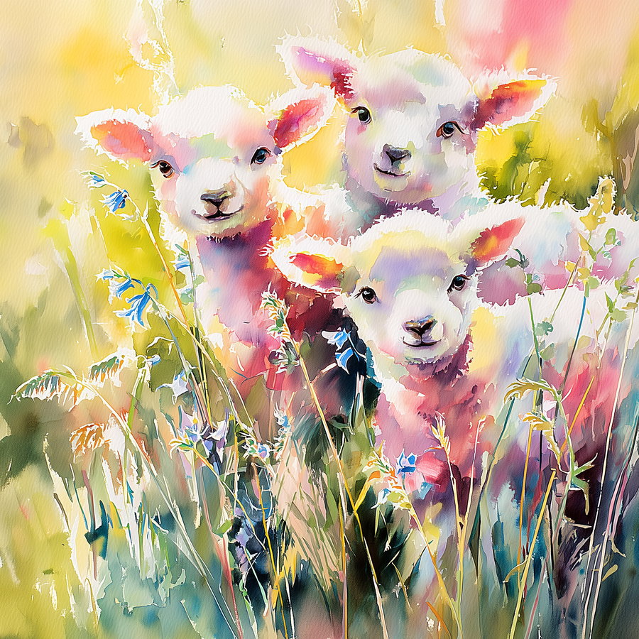 A vibrant watercolor painting showing three lambs with soft white wool and pink ears standing in tall grass with delicate blue and yellow wildflowers.