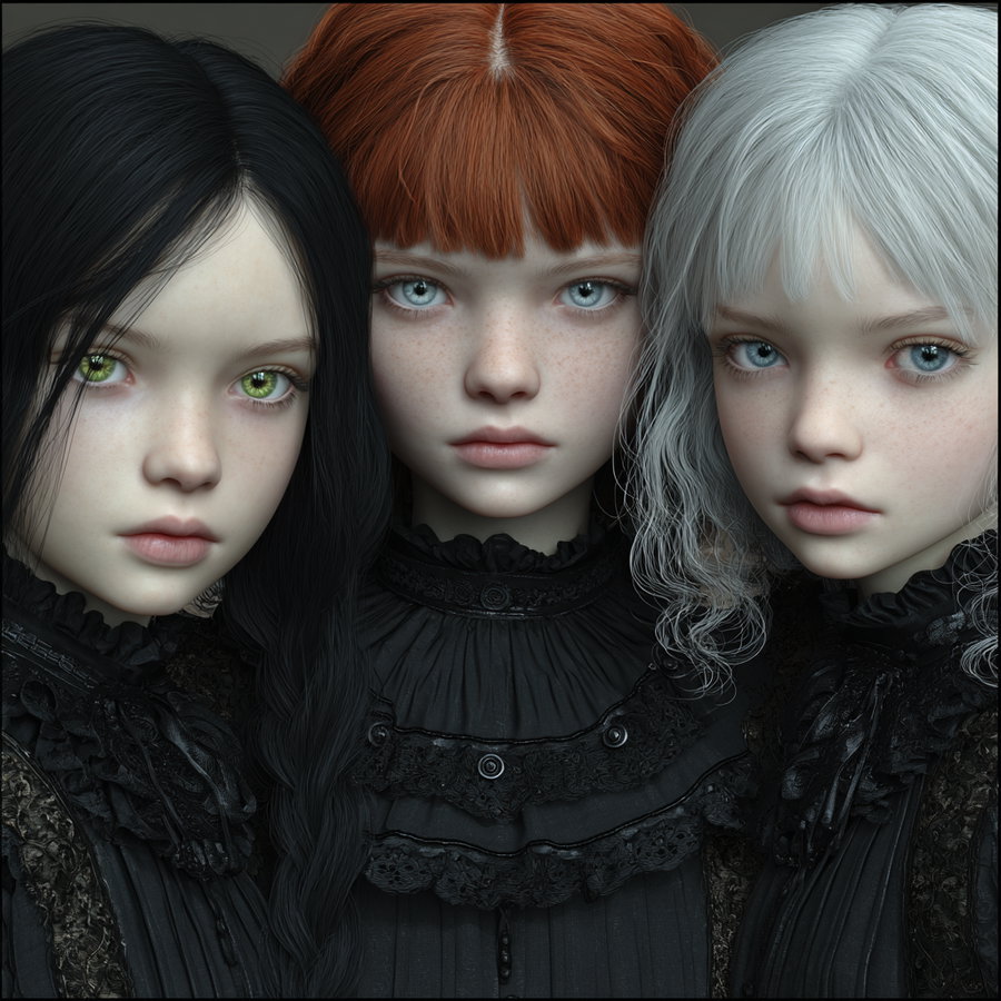 Close-up digital art of three young women with pale skin, different hair colors (black, red, white), wearing black lace high-neck dresses, looking directly at the viewer