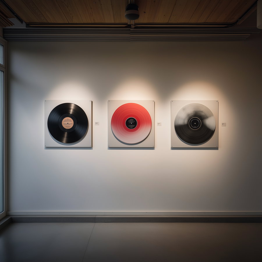 three square frames mounted on a white wall, each containing a vintage-style vinyl record print; one black, one red fading to white, and one in shades of black and white