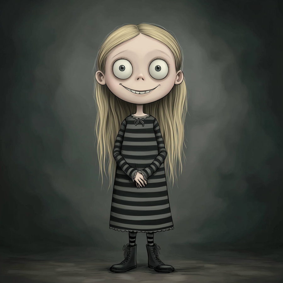 Digital illustration of a girl with long blonde hair, big wide eyes, and a smile, wearing a black and gray striped dress and boots, standing against a dark, textured background
