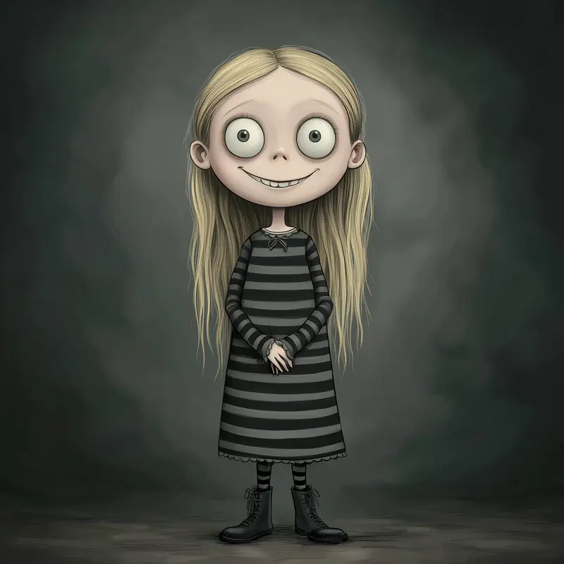 Whimsical dark academia style illustration of a girl with big eyes in a striped dress