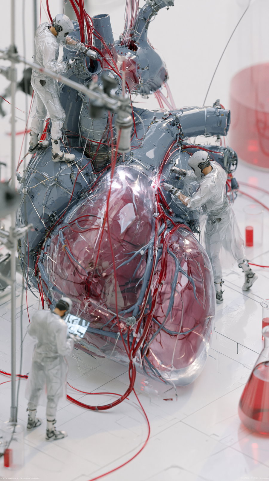 Three figures in futuristic, metallic white suits interacting with a large, complex mechanical heart with red wiring, set in a clinical, high-tech environment with glass tubes