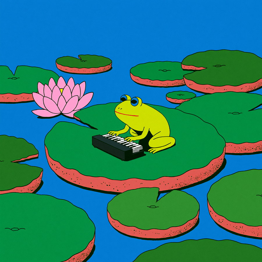 A colorful cartoon frog is sitting on a green lily pad playing a small piano, surrounded by other lily pads and a blooming pink water lily in blue water