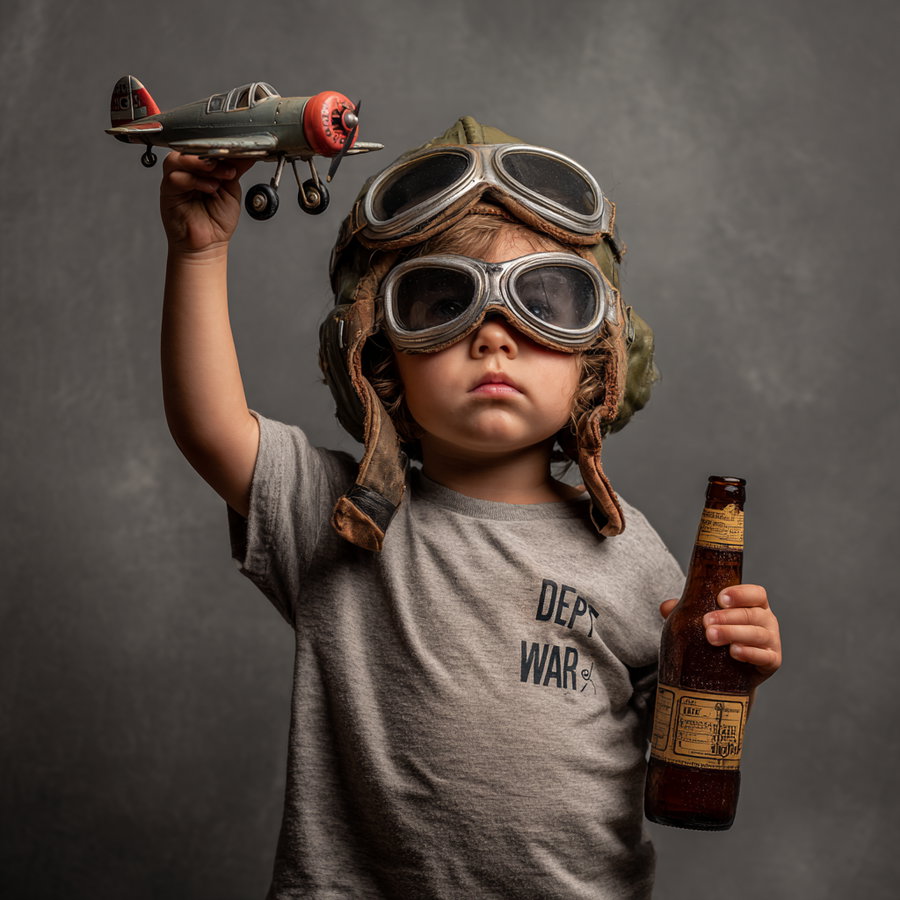 A young child wearing vintage aviator goggles and helmet, holding a toy airplane in one hand and a brown bottle in the other, standing against a gray background