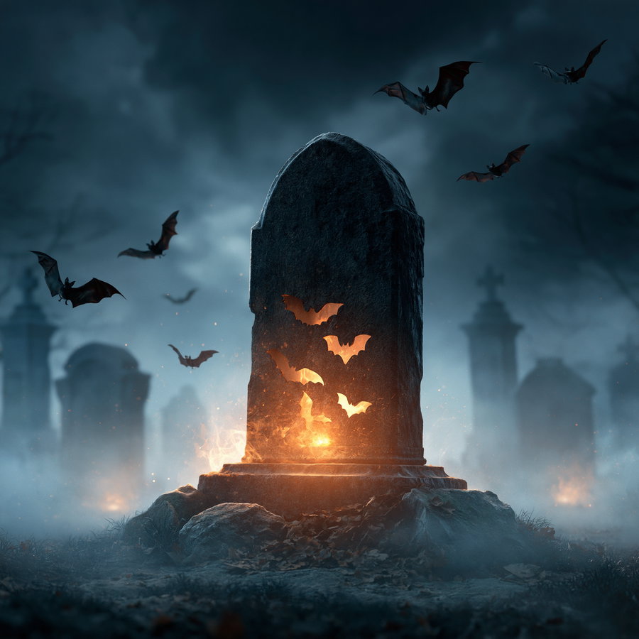 A dark and foggy graveyard at night with a tombstone illuminated from inside casting a warm glowing light through bat-shaped cutouts, surrounded by flying bats and eerie atmosphere.