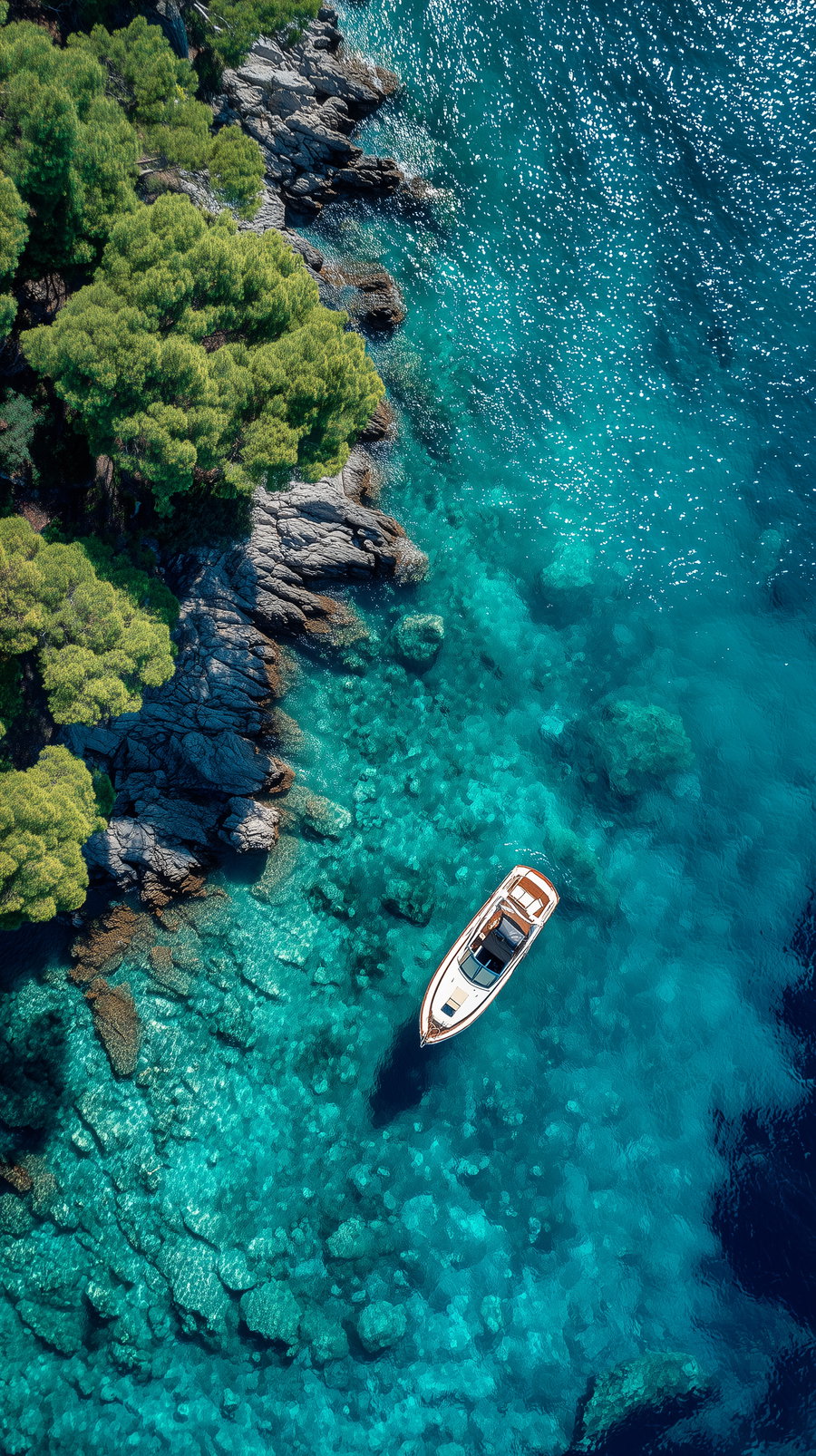 An aerial photo of a small boat floating on clear blue and turquoise water next to a rocky coast with green trees.