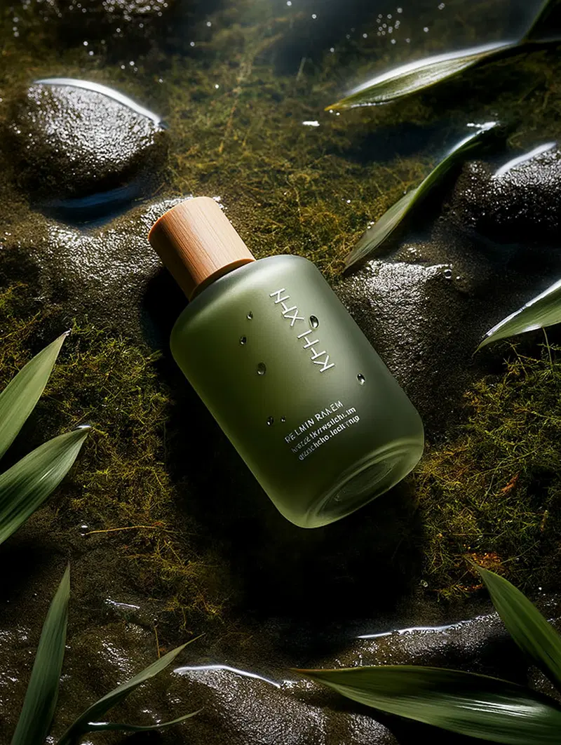 Serene nature inspired product photo with green bottle and leaves