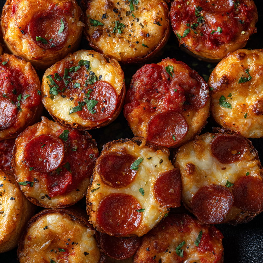 Several mini pepperoni pizzas topped with melted cheese, tomato sauce, slices of pepperoni, and sprinkled with chopped herbs