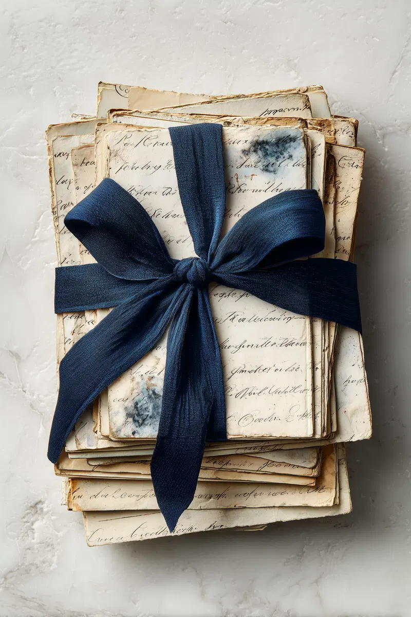 Stack of vintage handwritten letters tied with navy blue ribbon on white textured surface