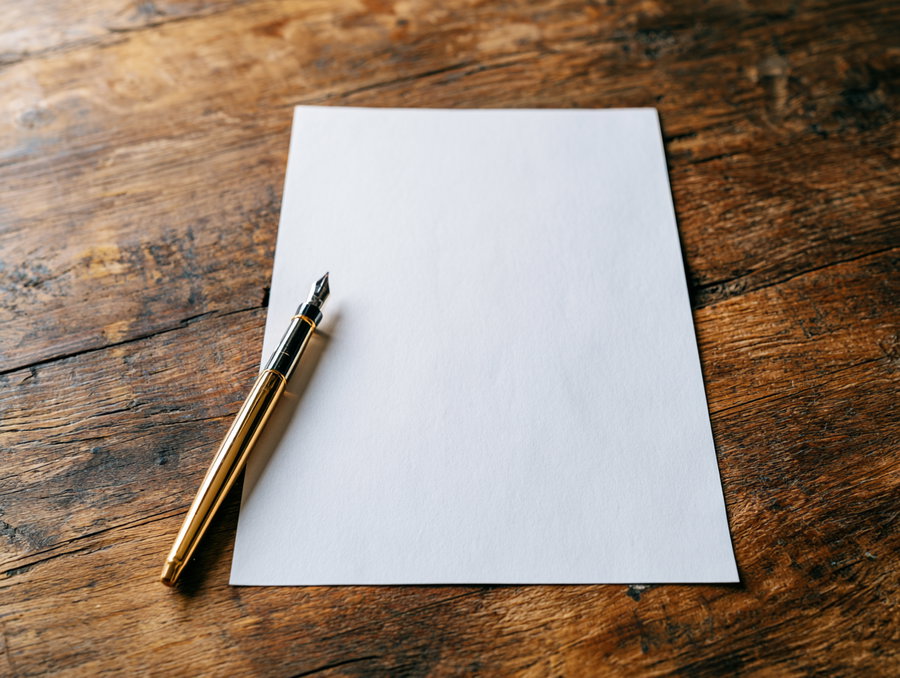 A blank piece of paper placed on a wooden table next to a gold fountain pen.