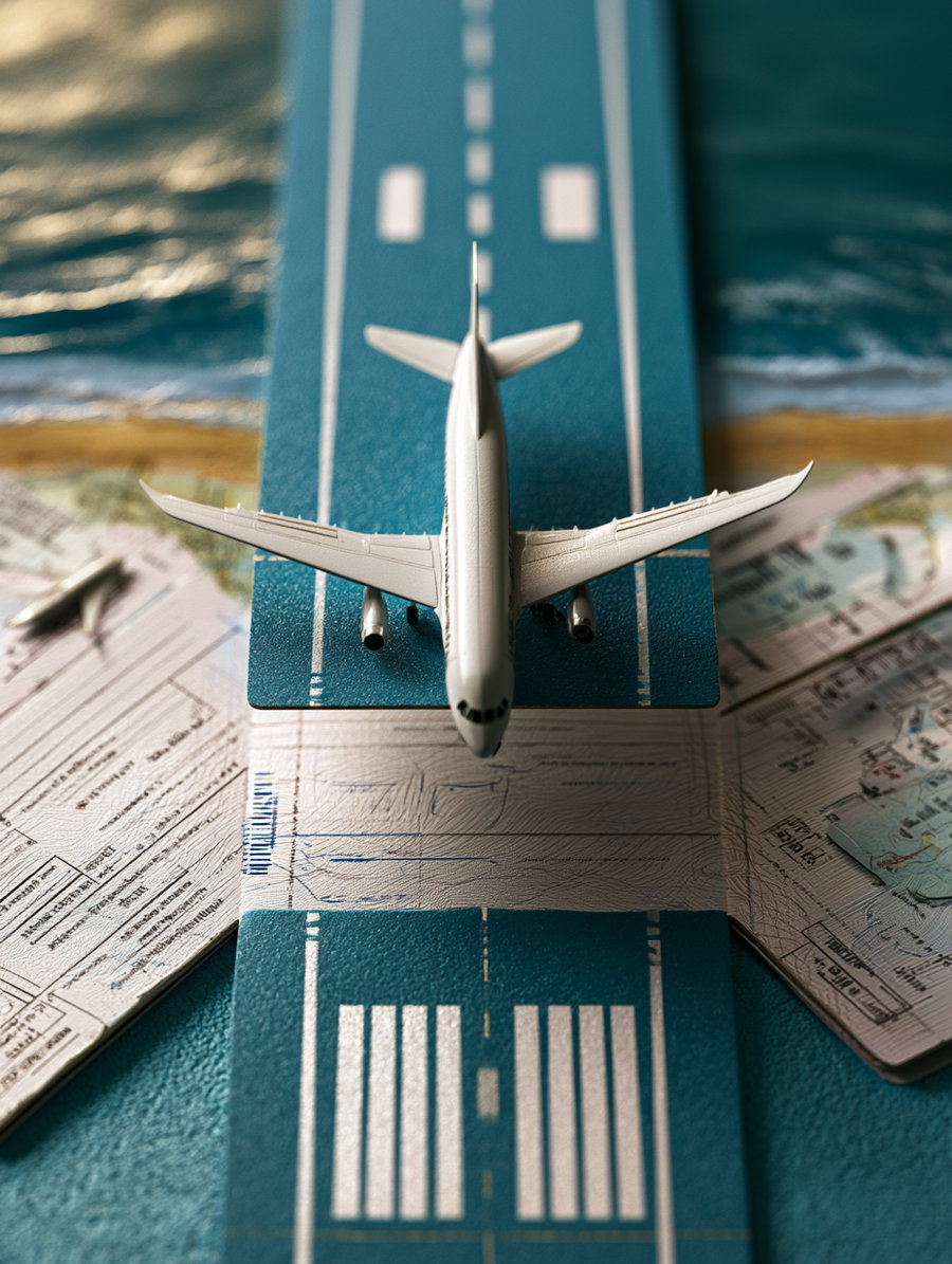 Model airplane on a miniature runway surrounded by passports and maps, symbolizing travel and adventure.