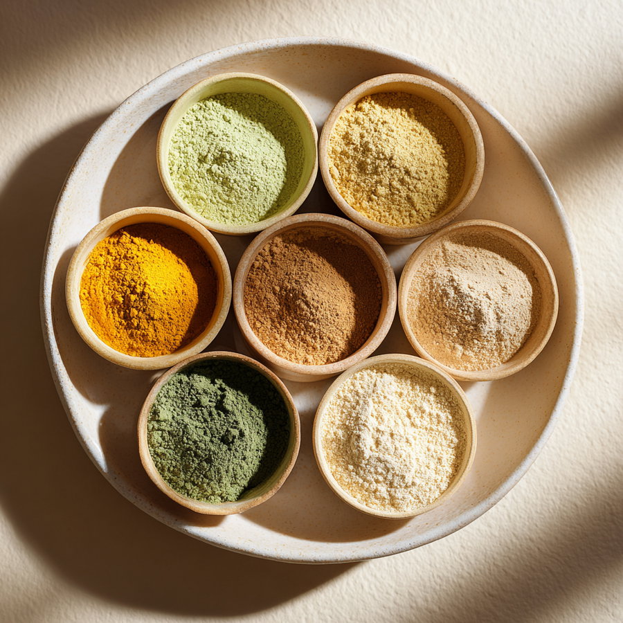 Top view of seven small bowls filled with different colored powdered spices arranged in a circle on a round plate on a beige surface