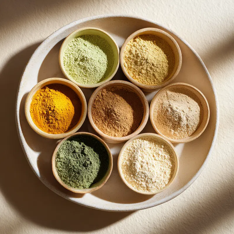 Collection of colorful powdered spices in small bowls on a round plate