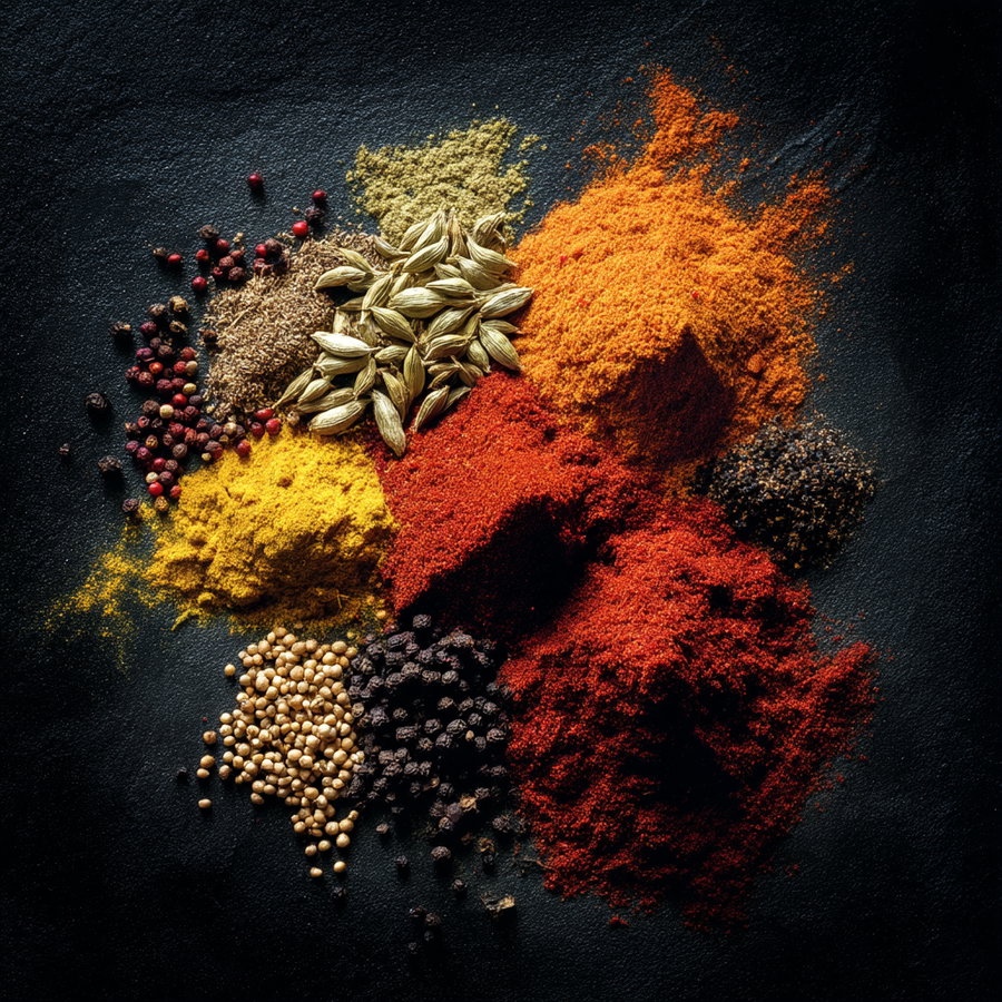 A collection of various colorful spices and seeds arranged on a dark textured surface including ground turmeric, black peppercorns, coriander seeds, cardamom pods, and different ground red and orange spices.