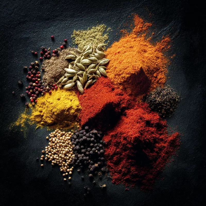 Vibrant Still Life of Various Colorful Spices on a Dark Surface