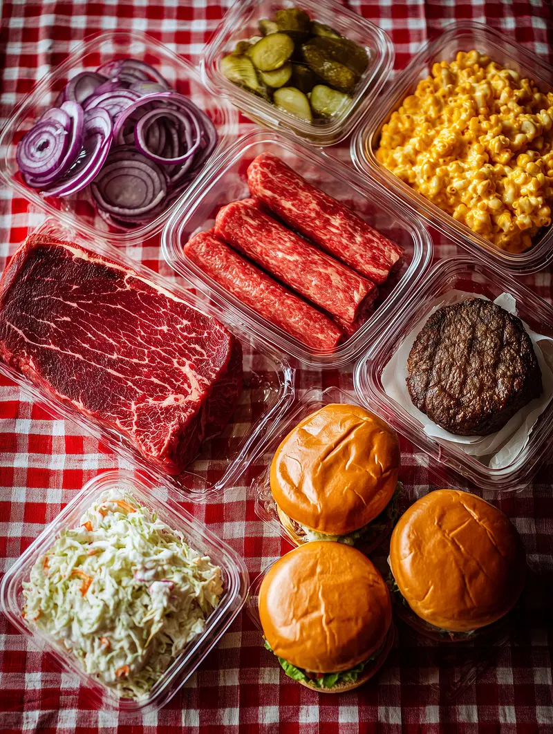 Assorted grilled and fresh ingredients for burgers on checkered tablecloth