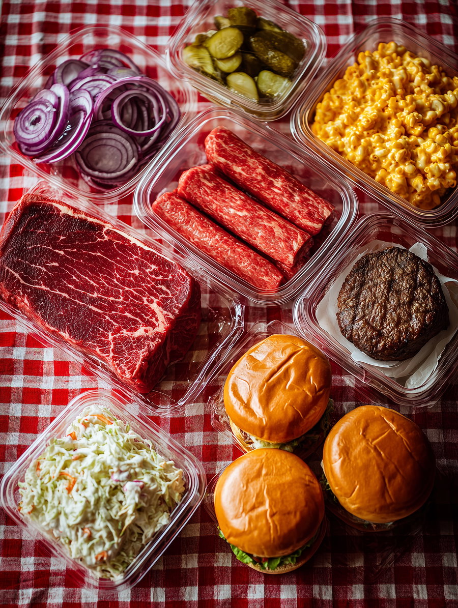 Overhead view of cubed red onions, sliced pickles, macaroni and cheese, raw beef steak, summer sausages, cooked burger patty, coleslaw, and three assembled hamburgers on plastic containers placed on red and white checkered tablecloth