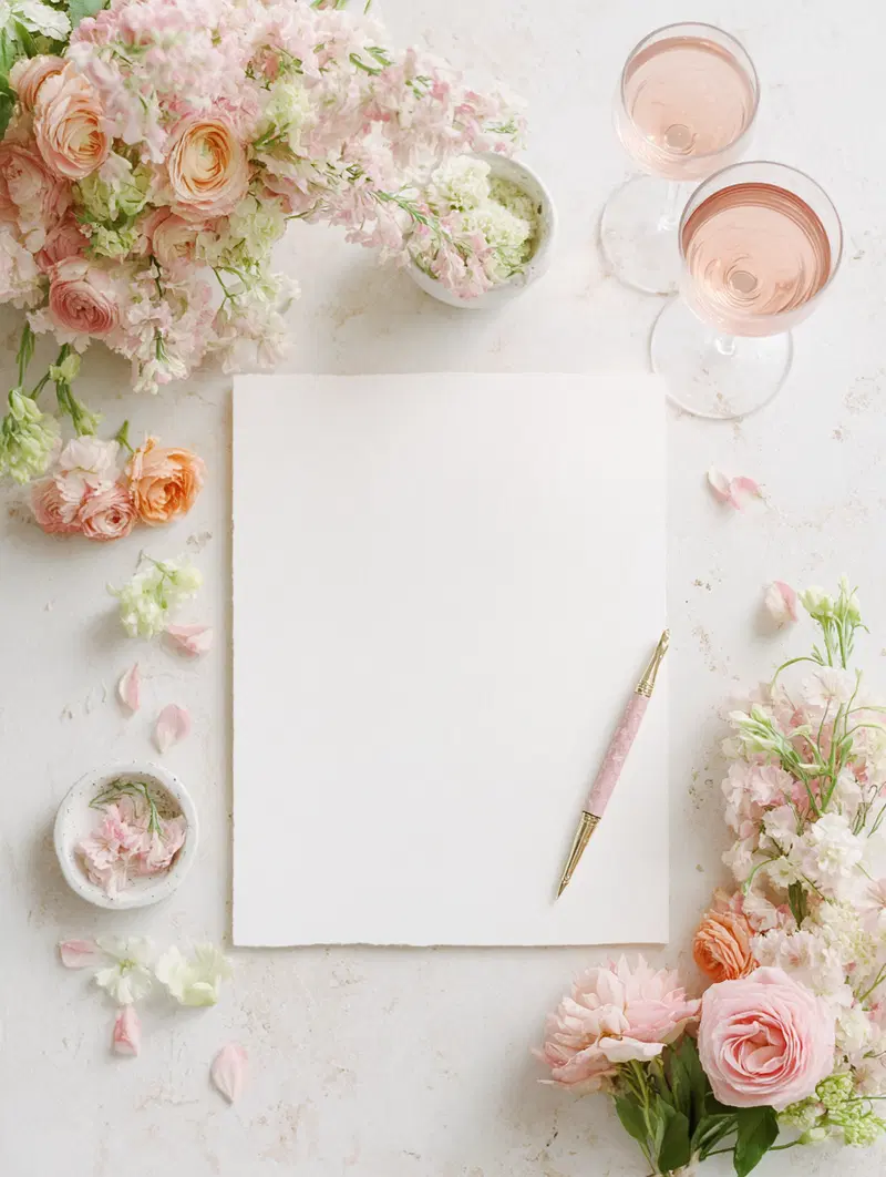 Soft pastel pink and peach floral arrangement with blank paper and pen