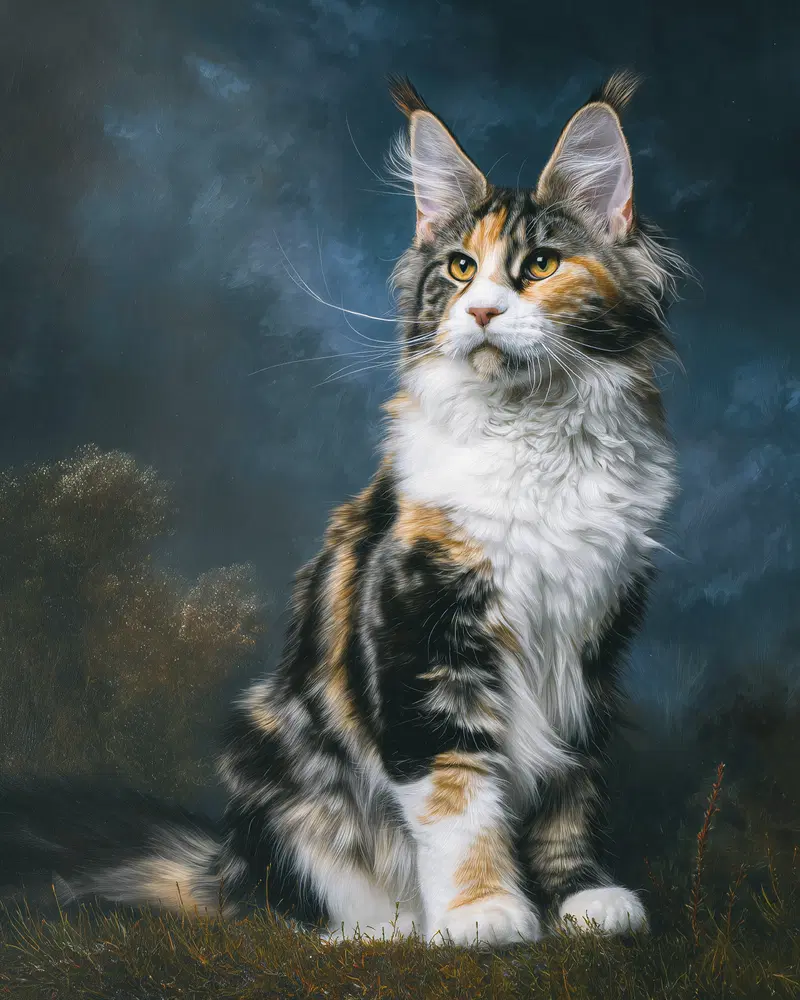 Detailed Artistic Portrait of a Calico Maine Coon Cat Sitting Outdoors