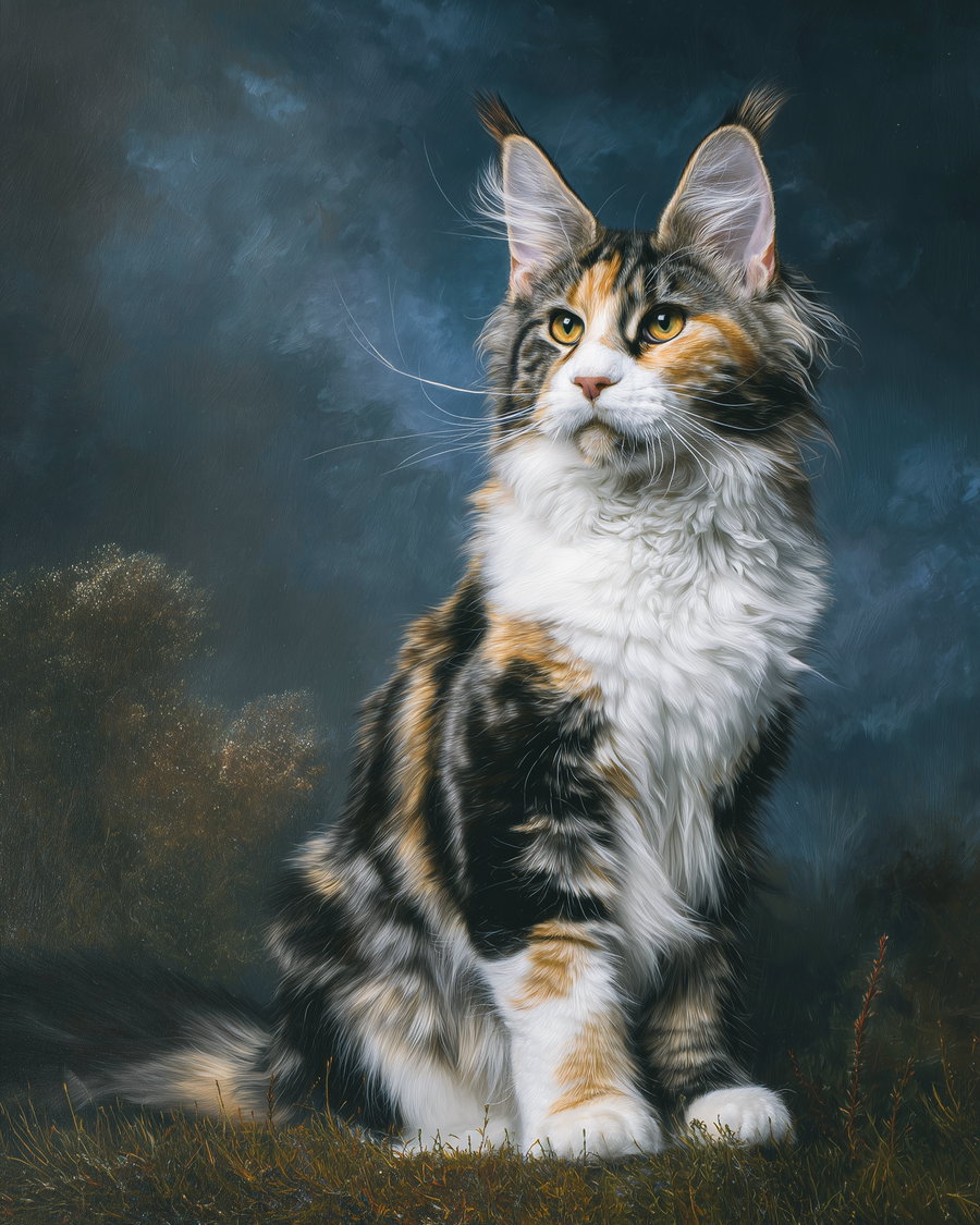 Close-up artistic painting of a calico Maine Coon cat with yellow eyes, sitting on grass with a dark, cloudy background