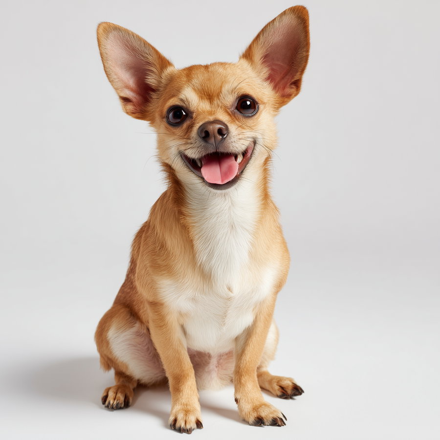 A small tan and white Chihuahua dog sitting with a big smile and tongue out against a plain white background