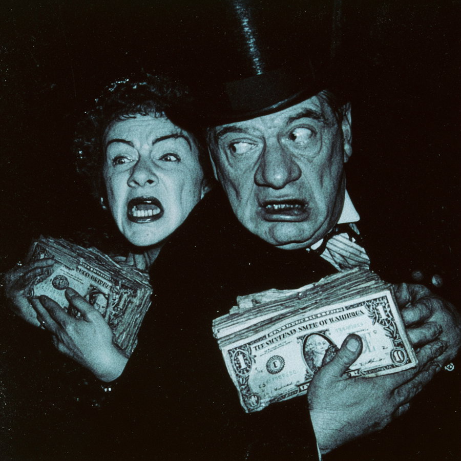 Black and white image of a man in a top hat and a woman holding stacks of dollar bills, both showing intense, fearful facial expressions