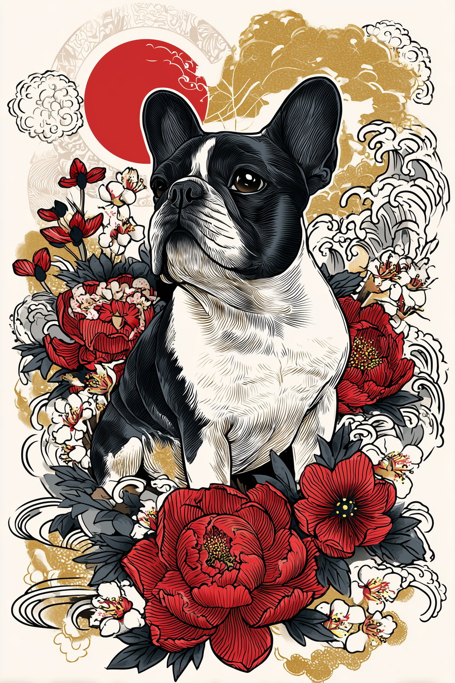 Illustration of a black and white French Bulldog sitting among detailed red and white flowers with gray leaves and gold decorative elements, a red sun circle in the background