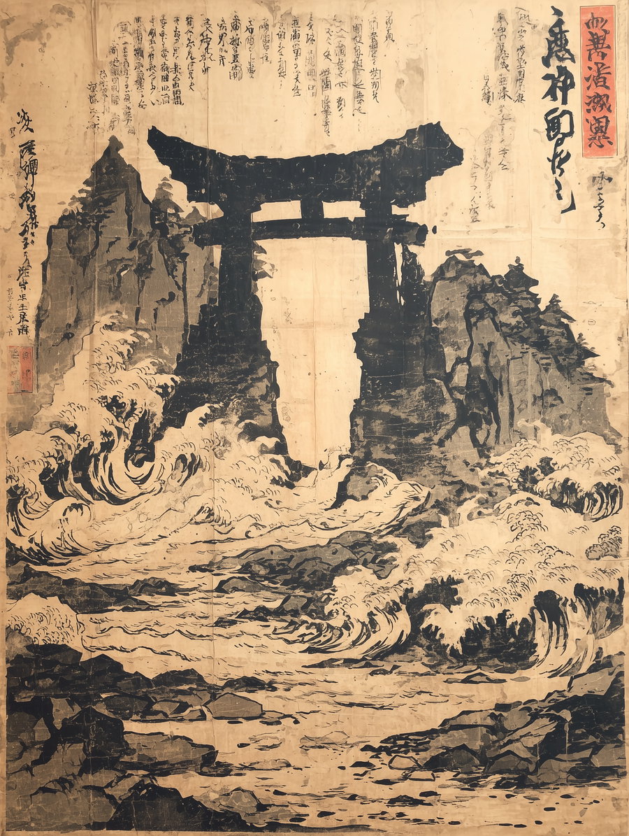 A traditional Japanese ink painting depicting a large torii gate standing between rocky cliffs with waves crashing in the foreground, surrounded by Japanese calligraphy.