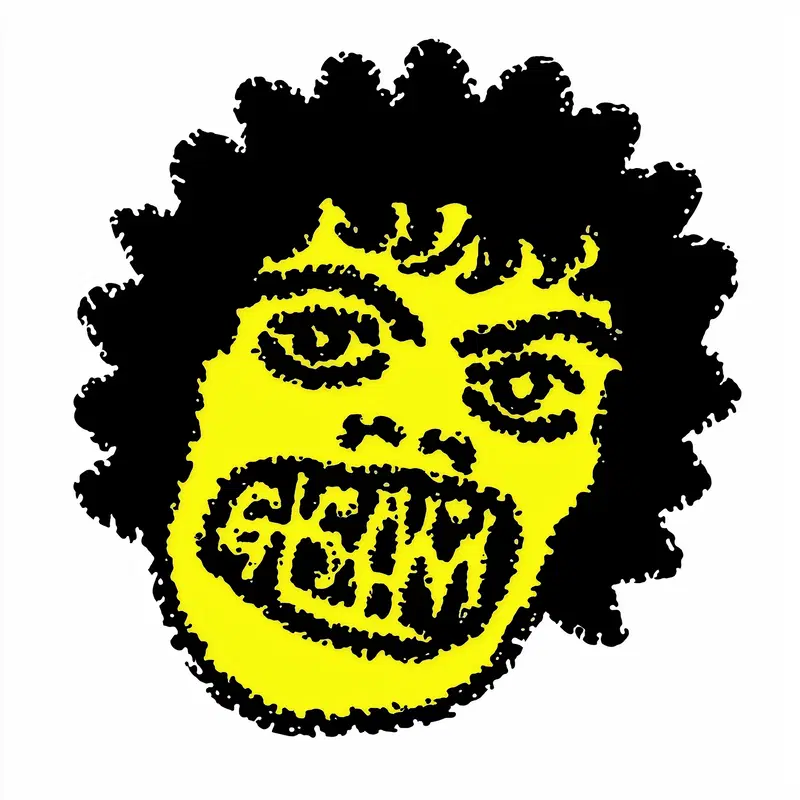 Bold and graphic yellow face artwork with black abstract details
