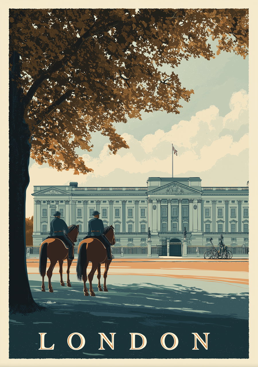 Illustration of a palace in London with two mounted guards on horses in the foreground, a large tree with autumn-colored leaves providing shade, and a pale blue sky with clouds in the background