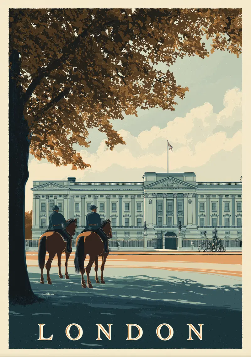 Vintage Style Art Print of London Guarded Palace with Horses and Autumn Trees