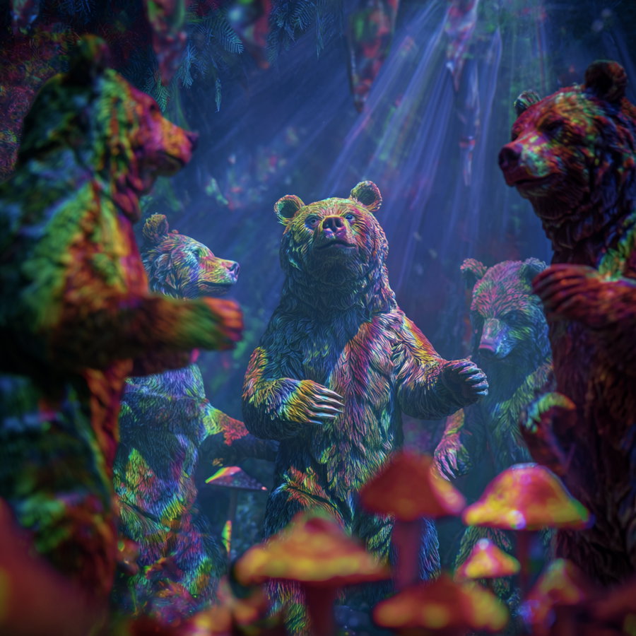 A group of colorful bears standing in a forest with rays of light shining through, surrounded by glowing mushrooms and greenery