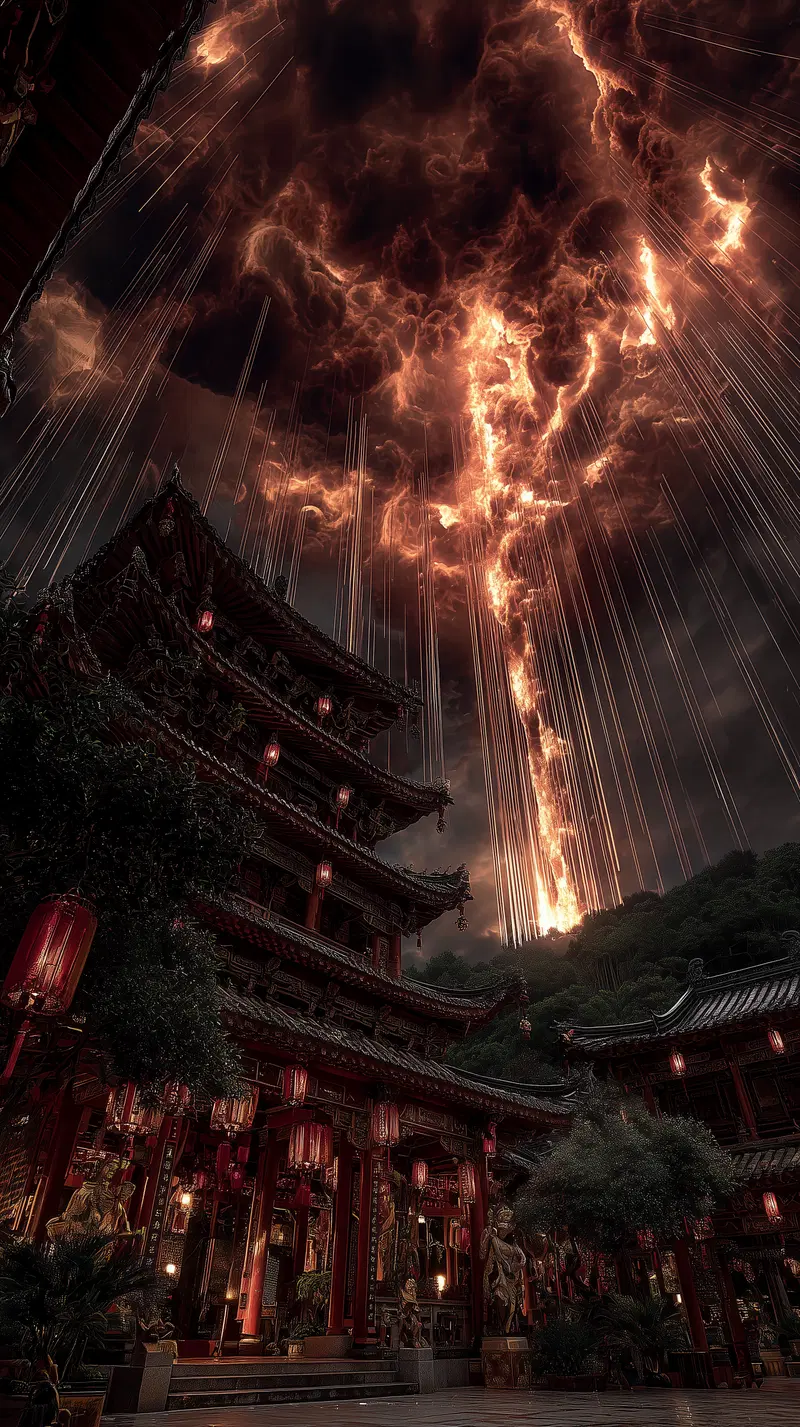 Dark Academia style dramatic night scene with traditional Asian architecture under fiery stormy sky