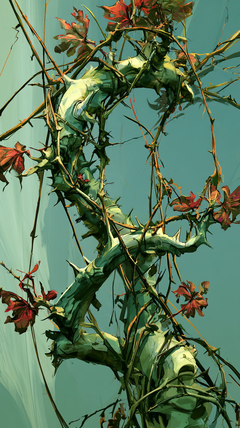 A detailed botanical illustration showing a thorny plant branch with green and brown hues and red leaves against a blue sky background.