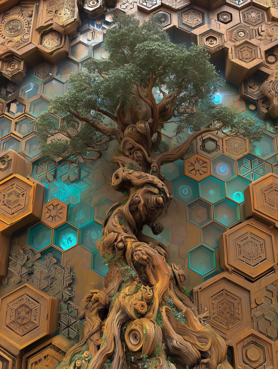 A highly detailed illustration of a large, twisting tree with green foliage, set against a background of hexagonal shapes with intricate patterns and glowing blue accents.