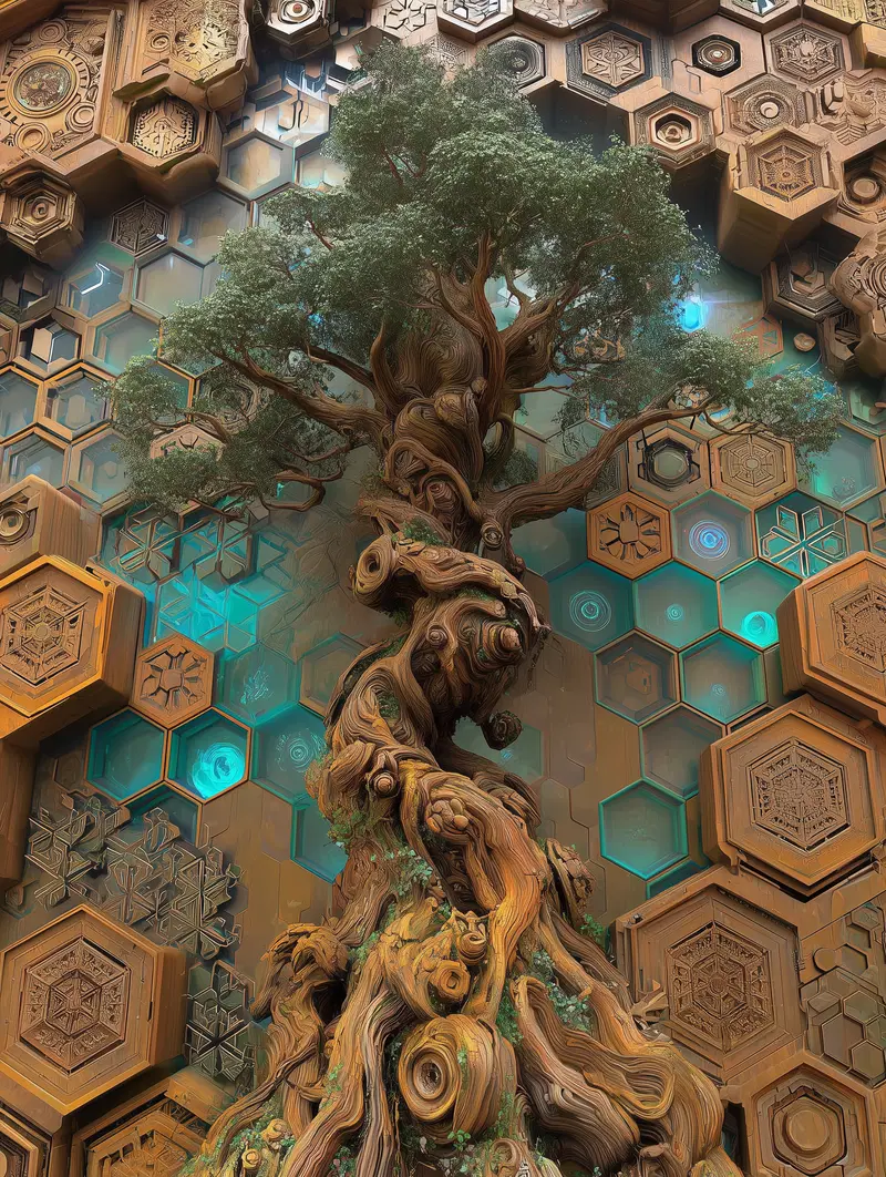 Intricately Detailed Tree Illustration with Hexagonal Geometric Background
