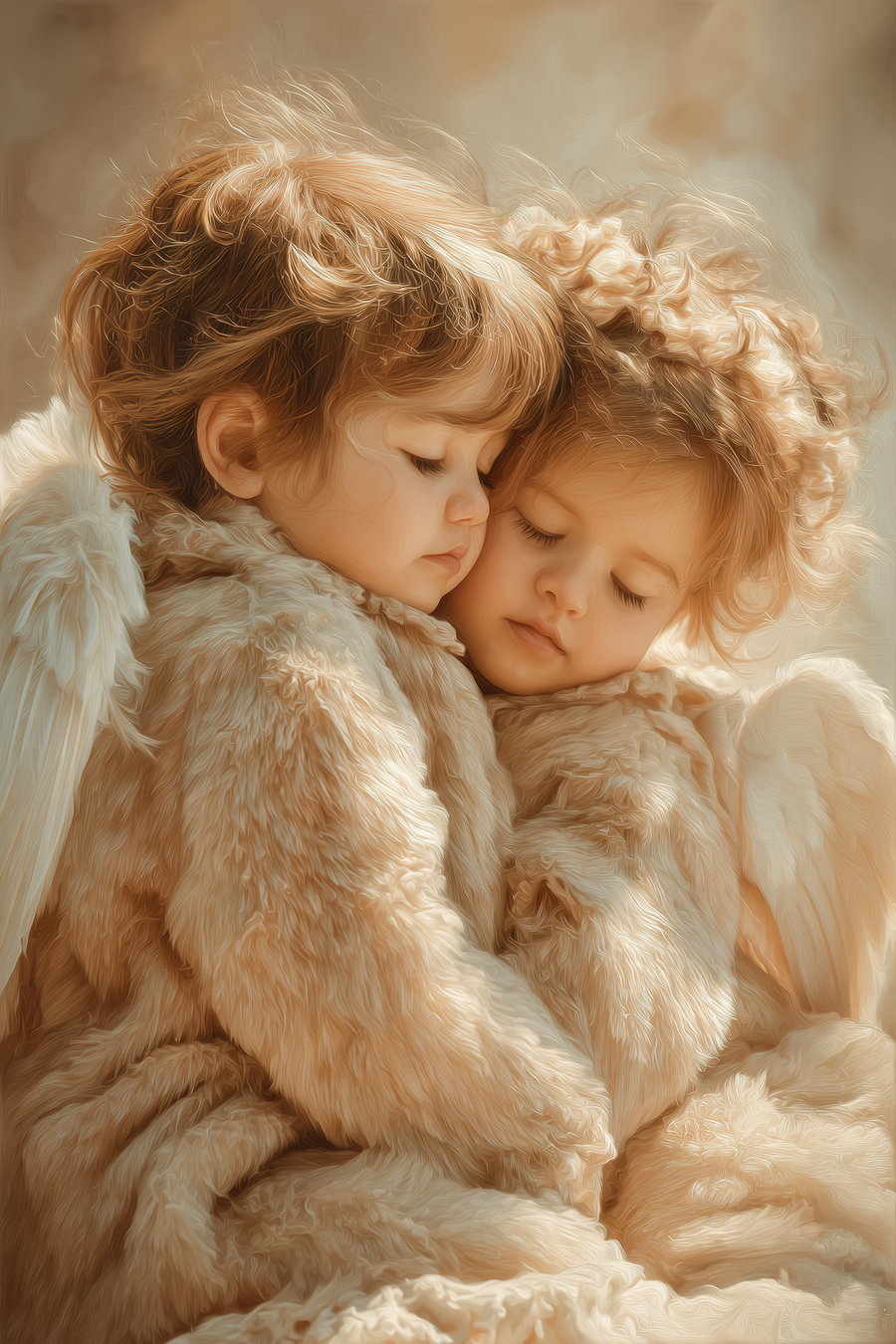 Close-up of two children with closed eyes, wearing fluffy light-colored clothing and angel wings, embracing each other with soft lighting and a warm sepia tone.